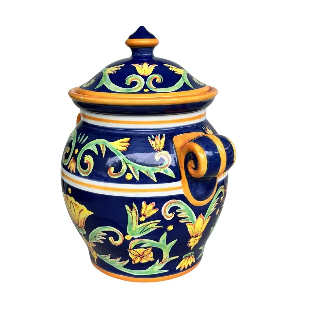 Vintage Tabletops Unlimited Mezzana Ceramic Lidded Jar Urn Floral Tuscan Large